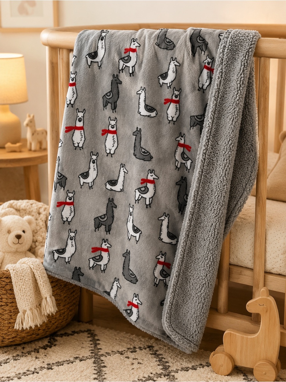 Llama Baby Blanket Gray Fleece Sherpa Red Scarf Nursery Stroller 38x27 inches